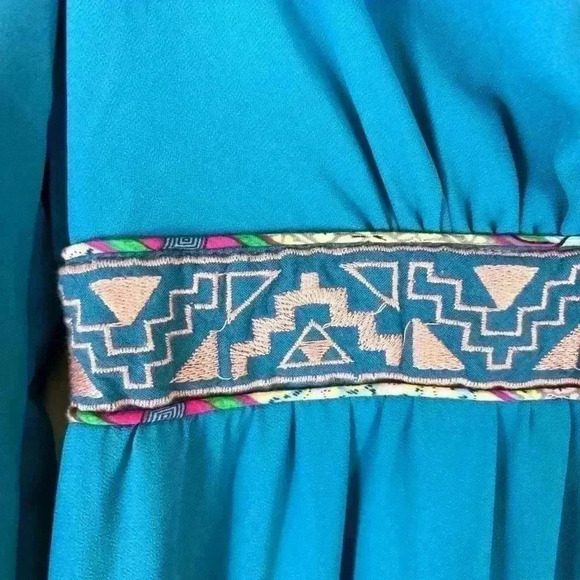 Flying Tomato Turquoise “70’s” Bohemian Aztec V-Neck Native Maxi Dress Size S - Picture 4 of 15